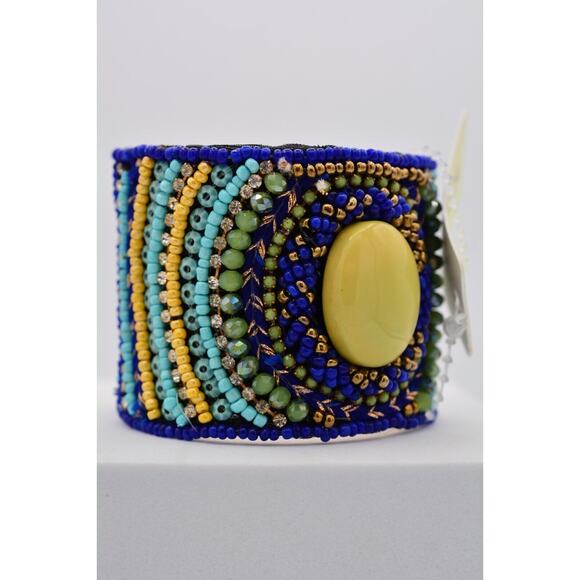 Beaded Cuff Bangle Bracelet Rhinestone Crystal Royal Blue Yellow Gold Chunky - Picture 11 of 12